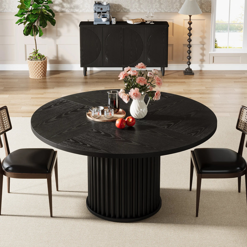 Table à manger ronde Colonne 120 cm — plateau noir et pied central cannelé noir – finition Black