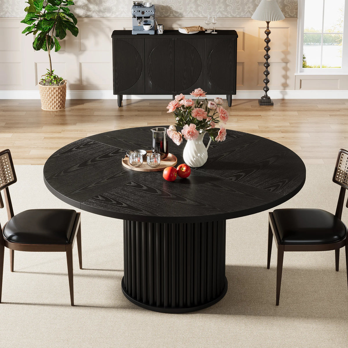 Table à manger ronde Colonne 120 cm — plateau noir et pied central cannelé noir – finition Black