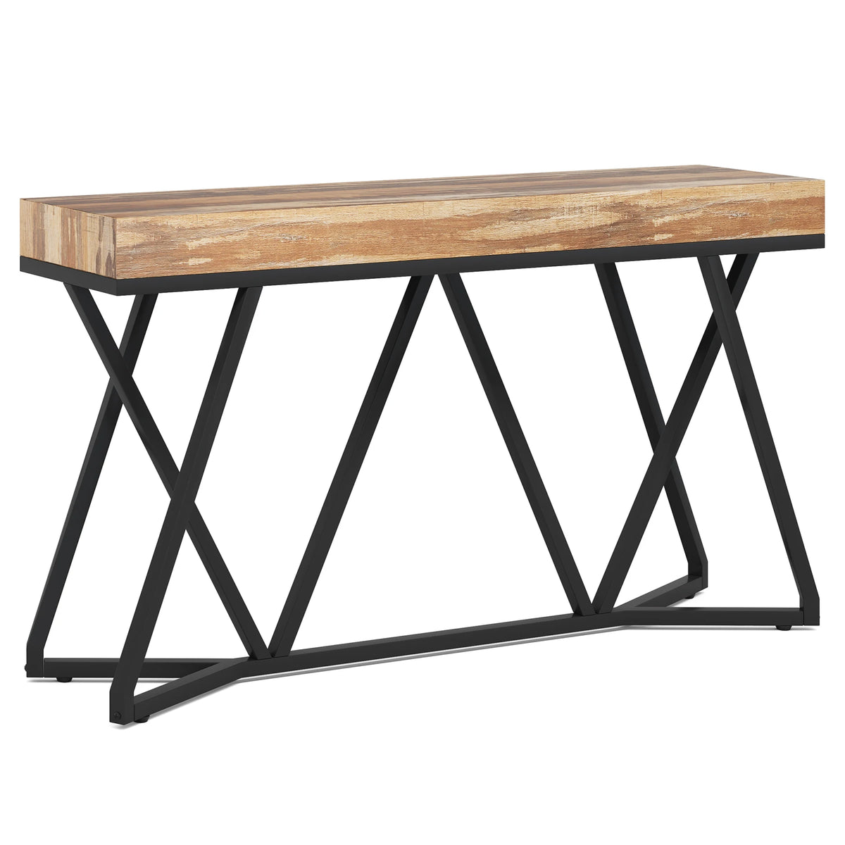 Console d'entrée Croisillons 140 cm — plateau effet chêne rustique et piètement métal noir en X – finition Beige