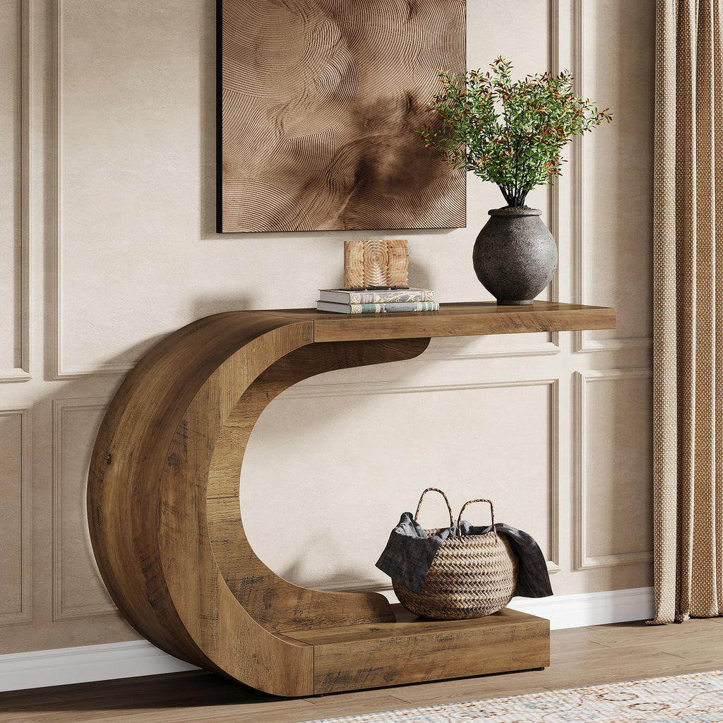Console d'entrée Courbe 110 cm — cadre sculpté en C effet noyer, deux niveaux – finition Brown