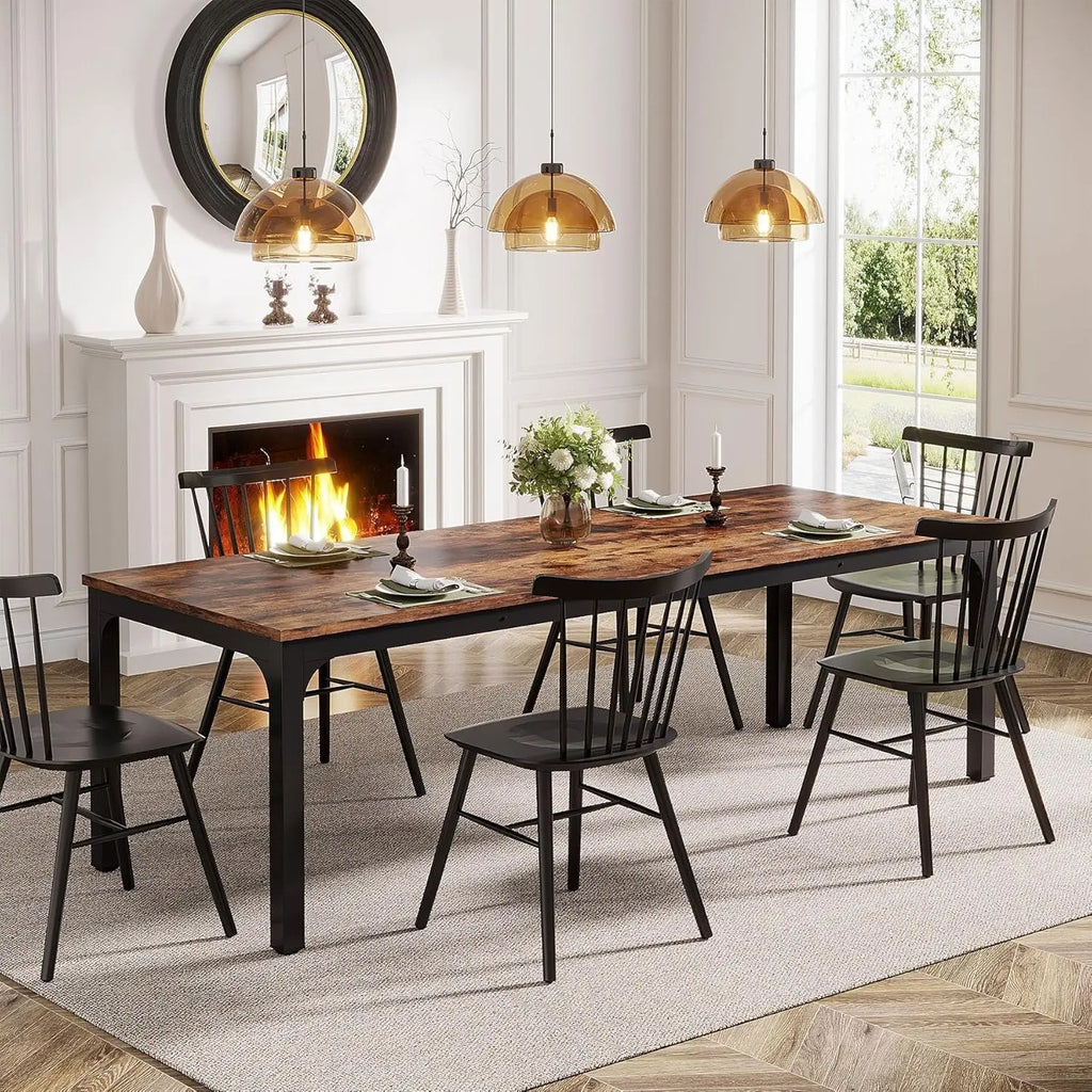 Table à manger Grande Tablée 200 cm — plateau effet bois rustique et piètement métal noir – finition Rustic Brown