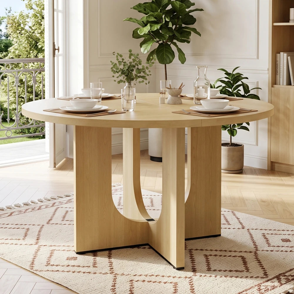 Table à manger ronde Voile 120 cm — chêne clair et piètement central sculpté en arches – finition 120x120cm