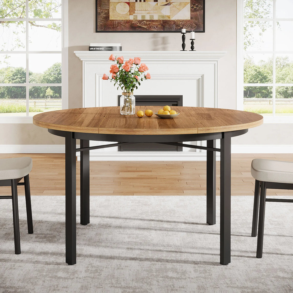 Table à manger ronde Halden XL 118 cm — plateau effet bois et piètement métal noir – finition Brown and Black