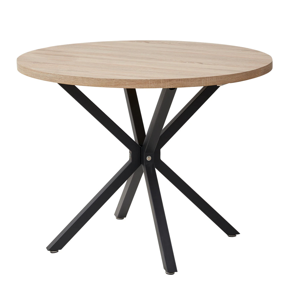 Table à manger ronde Étoile 100 cm — plateau effet chêne et piètement métal noir en araignée – finition Light Brown color