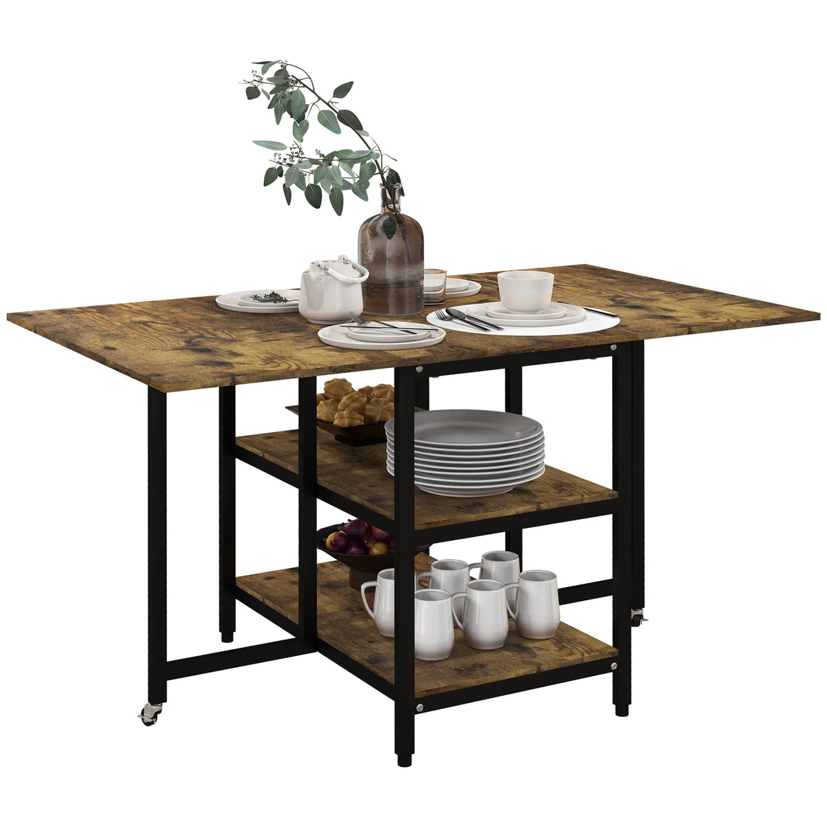 Table à manger pliante industrielle Ferral 140 cm — plateau effet bois brun et structure métal noir – finition Vert armée
