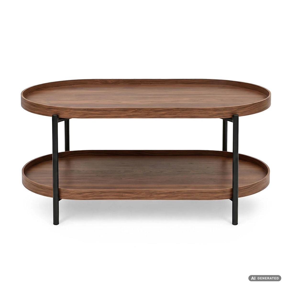 Table basse ovale noyer 90 cm avec étagère – style loft – vue produit