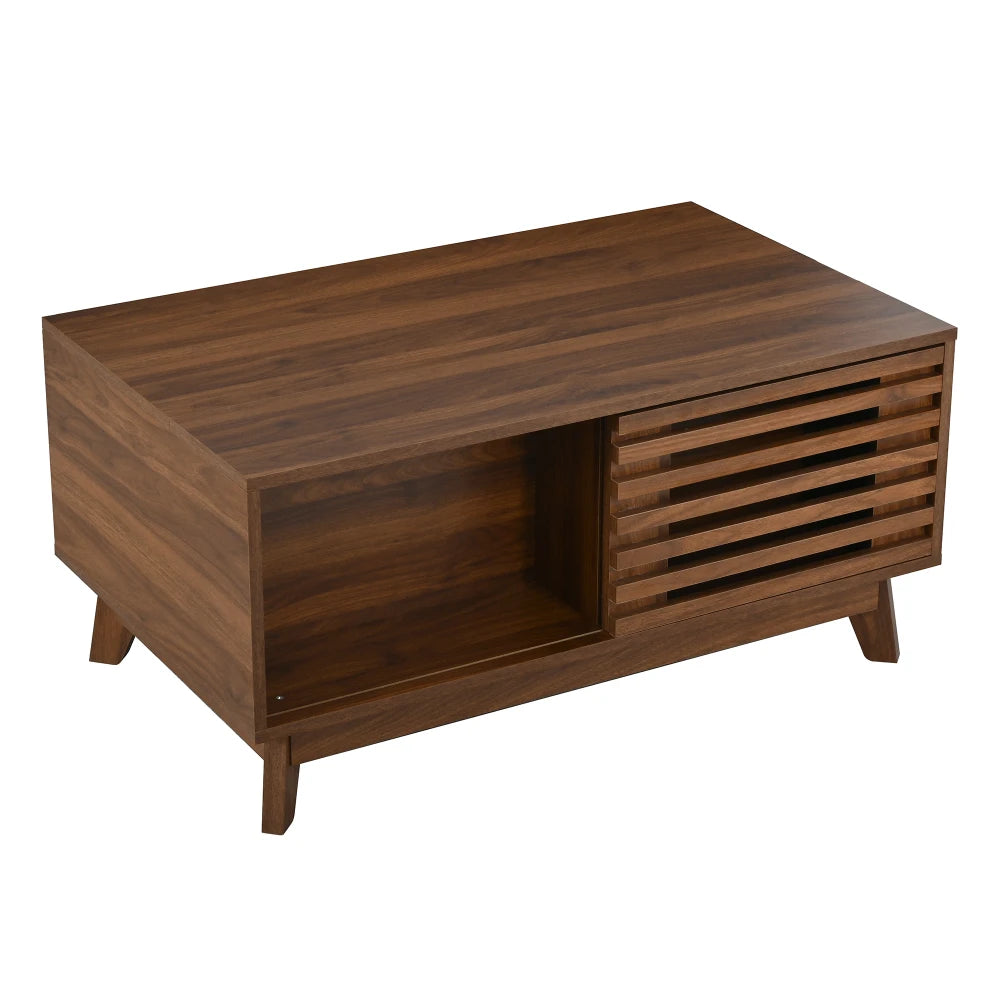 Table basse relevable rétro noyer à porte coulissante lattée 90 cm – finition Walnut MDF