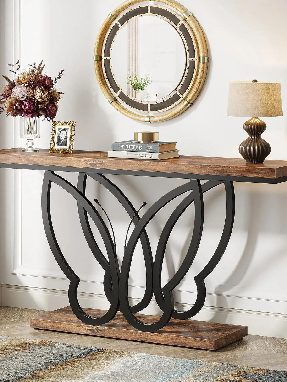 Console d'entrée Papillon 162 cm — plateau effet bois noyer et piètement métal noir papillon – finition kaki foncé