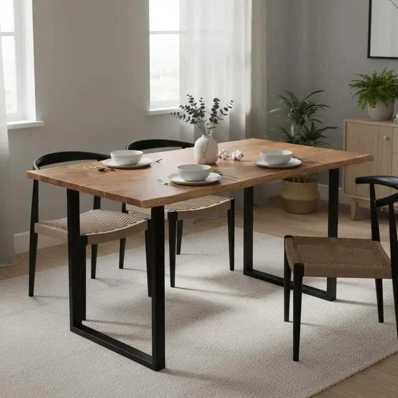 Table à manger Acacio 140 cm — acacia massif et piètement métal noir – finition Kaki