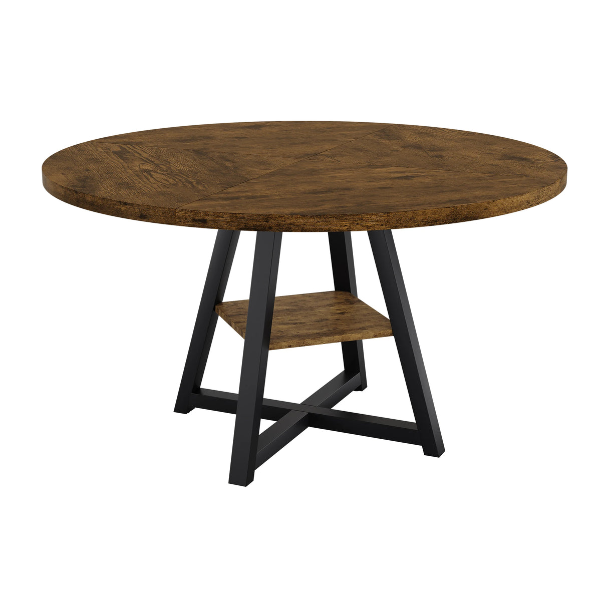 Table à manger ronde industrielle Rouille 120 cm — plateau effet bois rustique et base métal noir – finition Brown