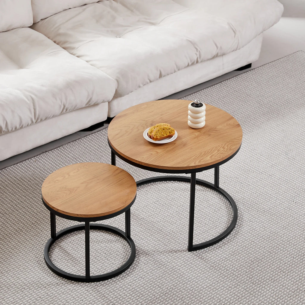 Table basse ronde Fonderie 70 cm — plateau effet bois et piètement métal noir – finition Chêne clair
