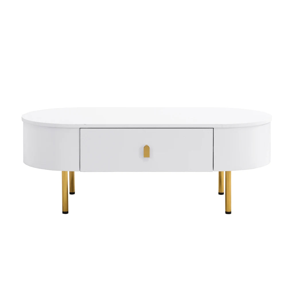 Table basse ovale blanche 2 tiroirs, poignées et pieds dorés 108 cm – finition (White) MDF