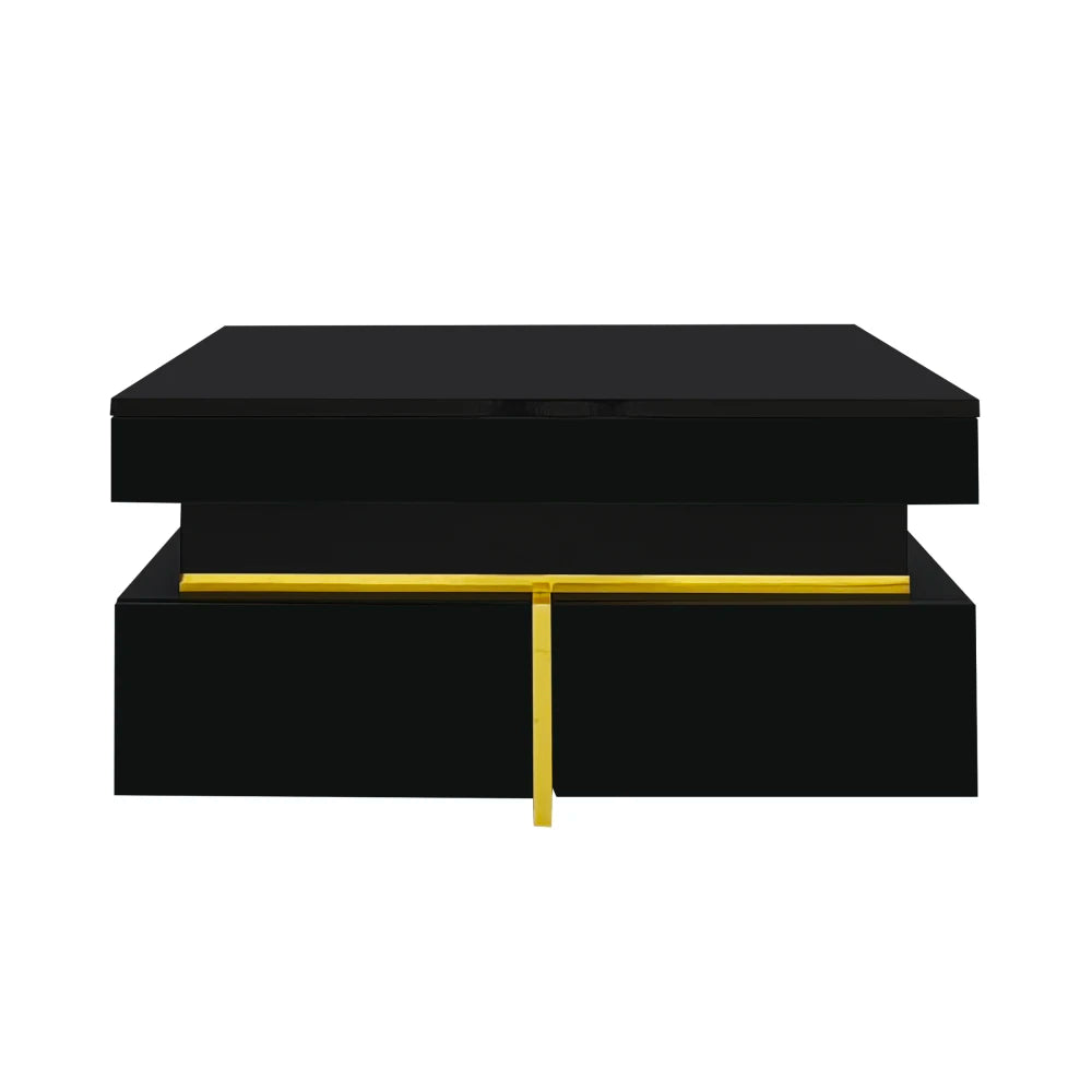 Table basse carrée noir laqué brillant à tiroirs et accents dorés 70 cm – finition (Black) Particle