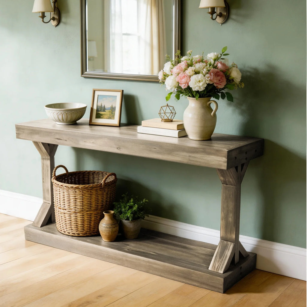 Console d'entrée Ferme 120 cm — plateau bois massif et piètement tourné patiné – finition Rustic Brown