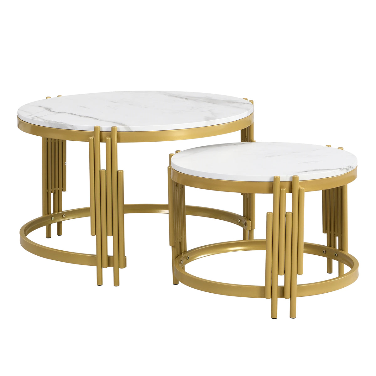 Tables basses gigognes rondes effet marbre et laiton – set de 2 – finition (Antique Brass+White) MDF+Metal