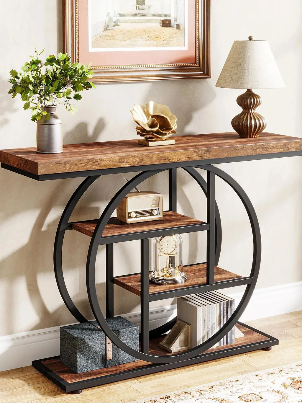 Console d'entrée Cercle 105 cm — quatre niveaux, effet bois et structure métal noir – finition Dark Brown