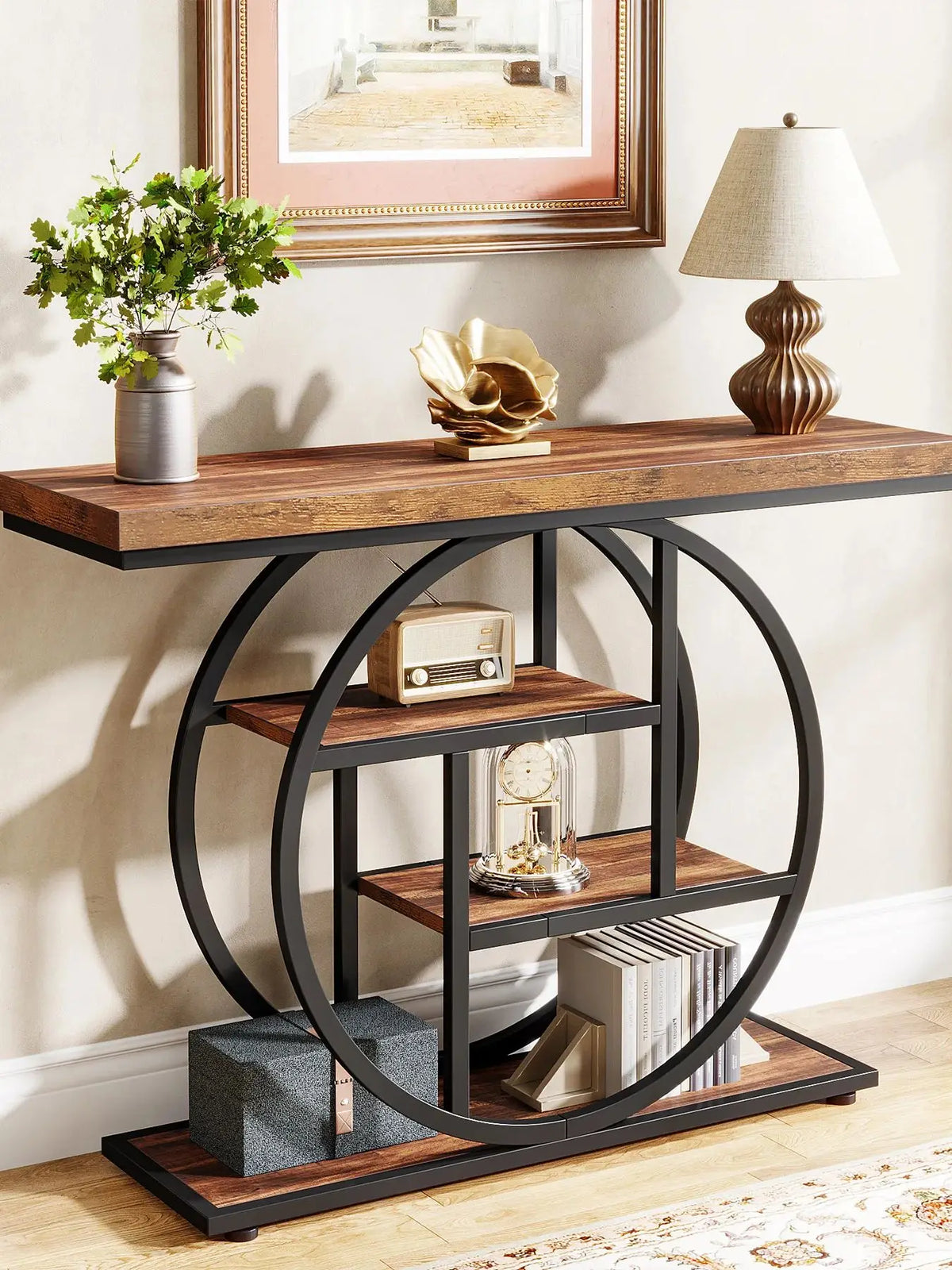 Console d'entrée Cercle 105 cm — quatre niveaux, effet bois et structure métal noir – finition Dark Brown