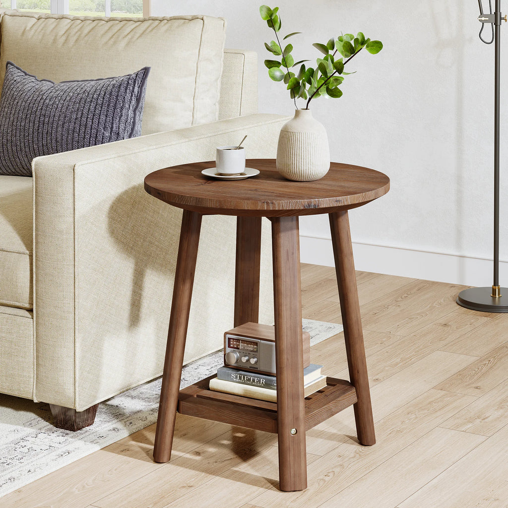 Table d'appoint ronde Chevet 45 cm — deux niveaux, teinte noyer et structure métal noir – finition Chocolat