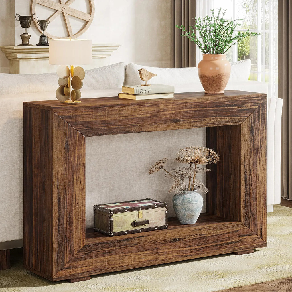 Console d'entrée Cadre 120 cm — effet bois noyer, structure épaisse et étagère basse – finition kaki foncé
