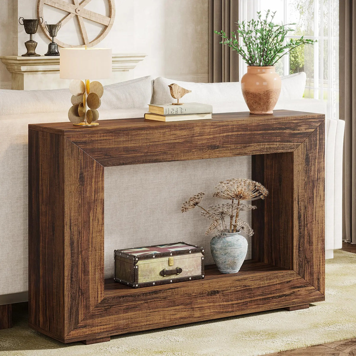 Console d'entrée Cadre 120 cm — effet bois noyer, structure épaisse et étagère basse – finition kaki foncé
