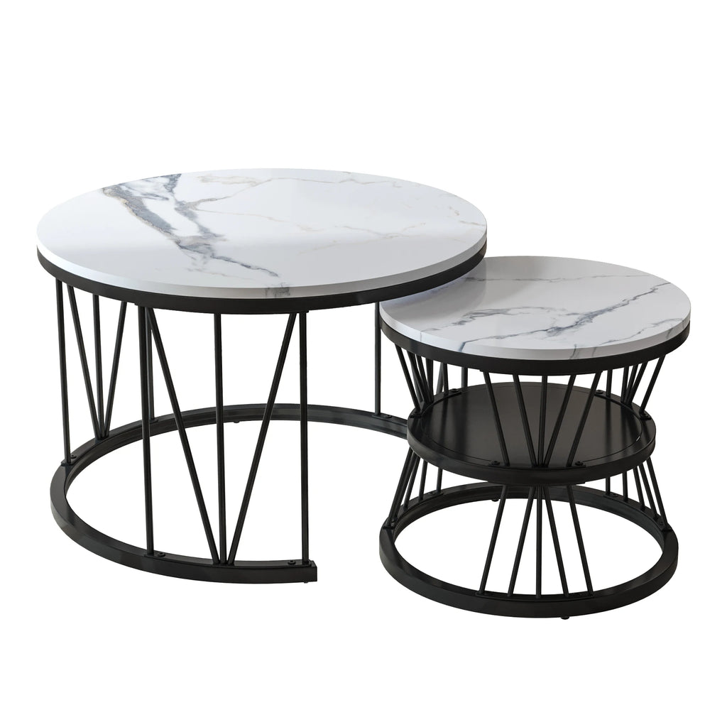 Tables basses rondes empilables effet marbre, structure noire géométrique – finition Black