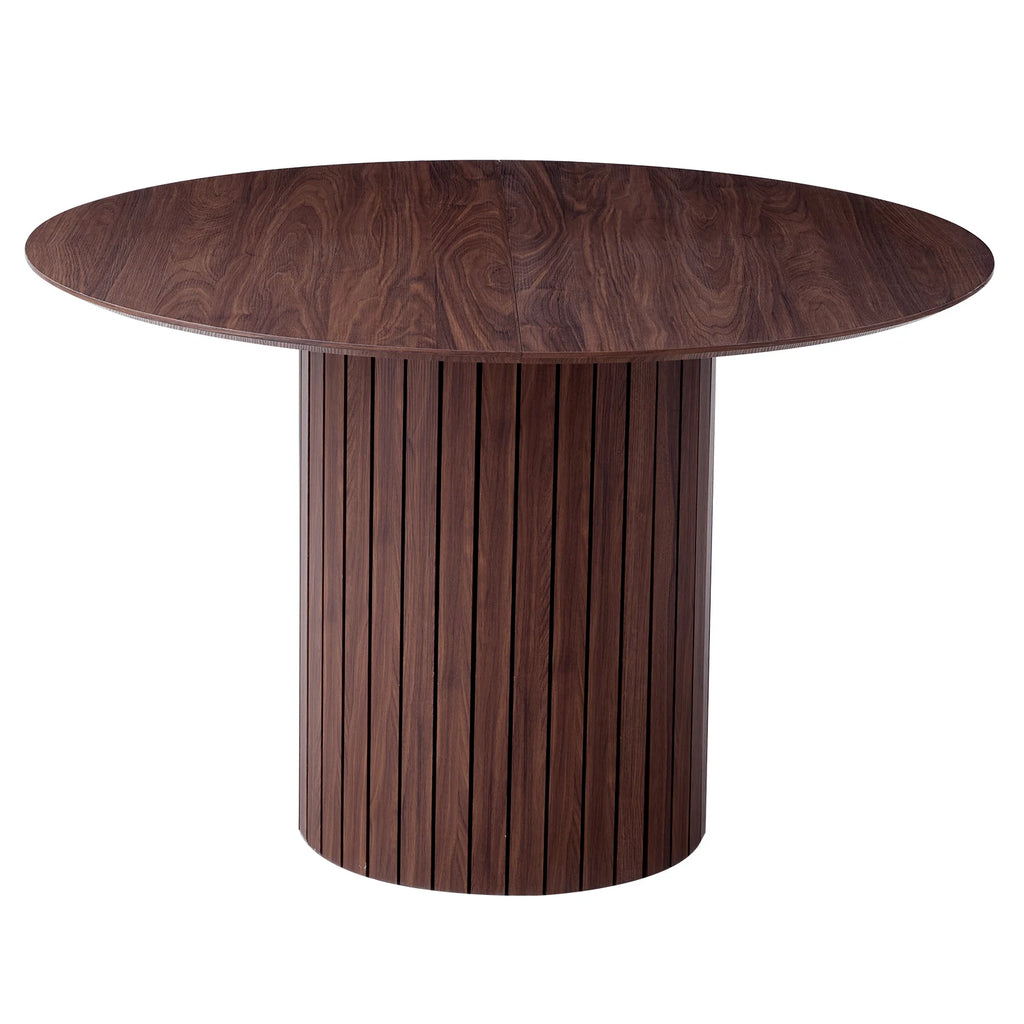 Table à manger ronde Fuselis 120 cm — bois massif teinte noyer, pied cylindrique cannelé – finition Dark brown