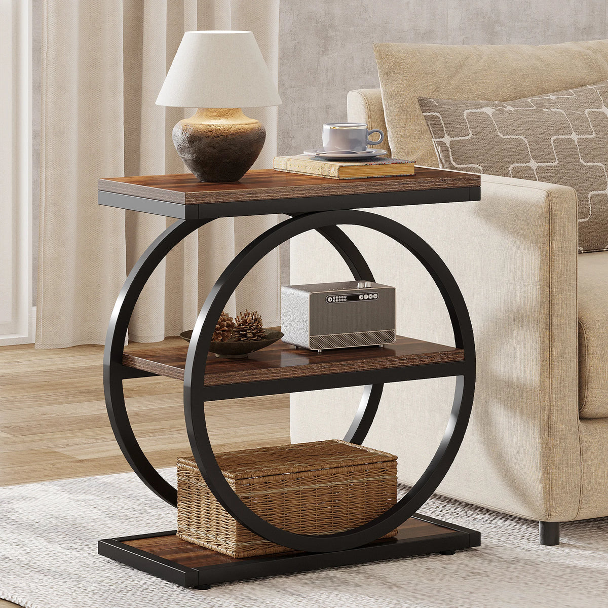 Table d'appoint Cercle 30 cm — trois niveaux, effet bois et cadre métal circulaire – finition Brown