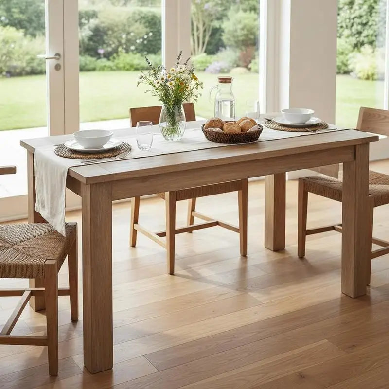 Table à manger Sombre 120 cm — acajou massif, piètement bois – finition Brun