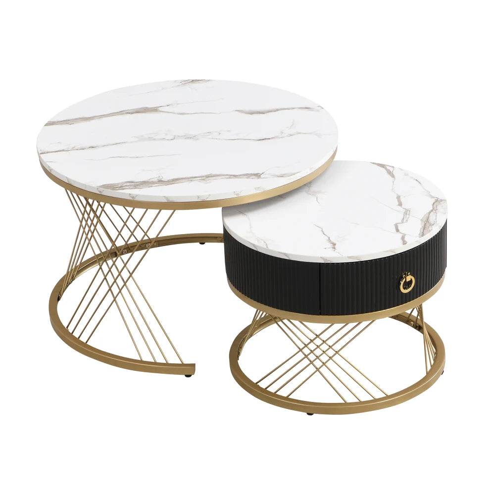 Tables basses gigognes marbre et verre fumé doré avec tiroirs Ø70 + Ø50 – finition (White) MDF