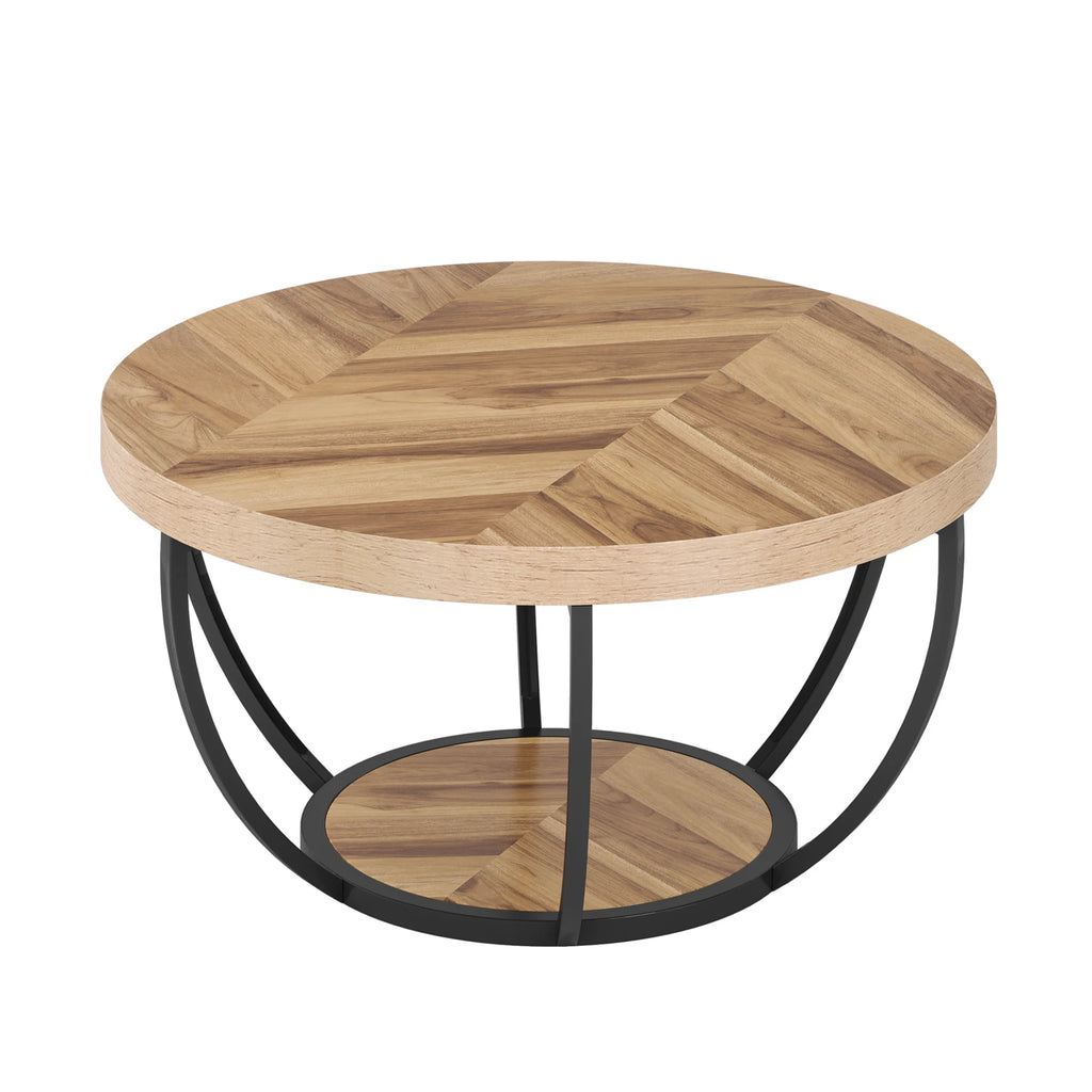 Table basse ronde Duo 81 cm — deux plateaux effet bois et structure métal noir – finition Brun