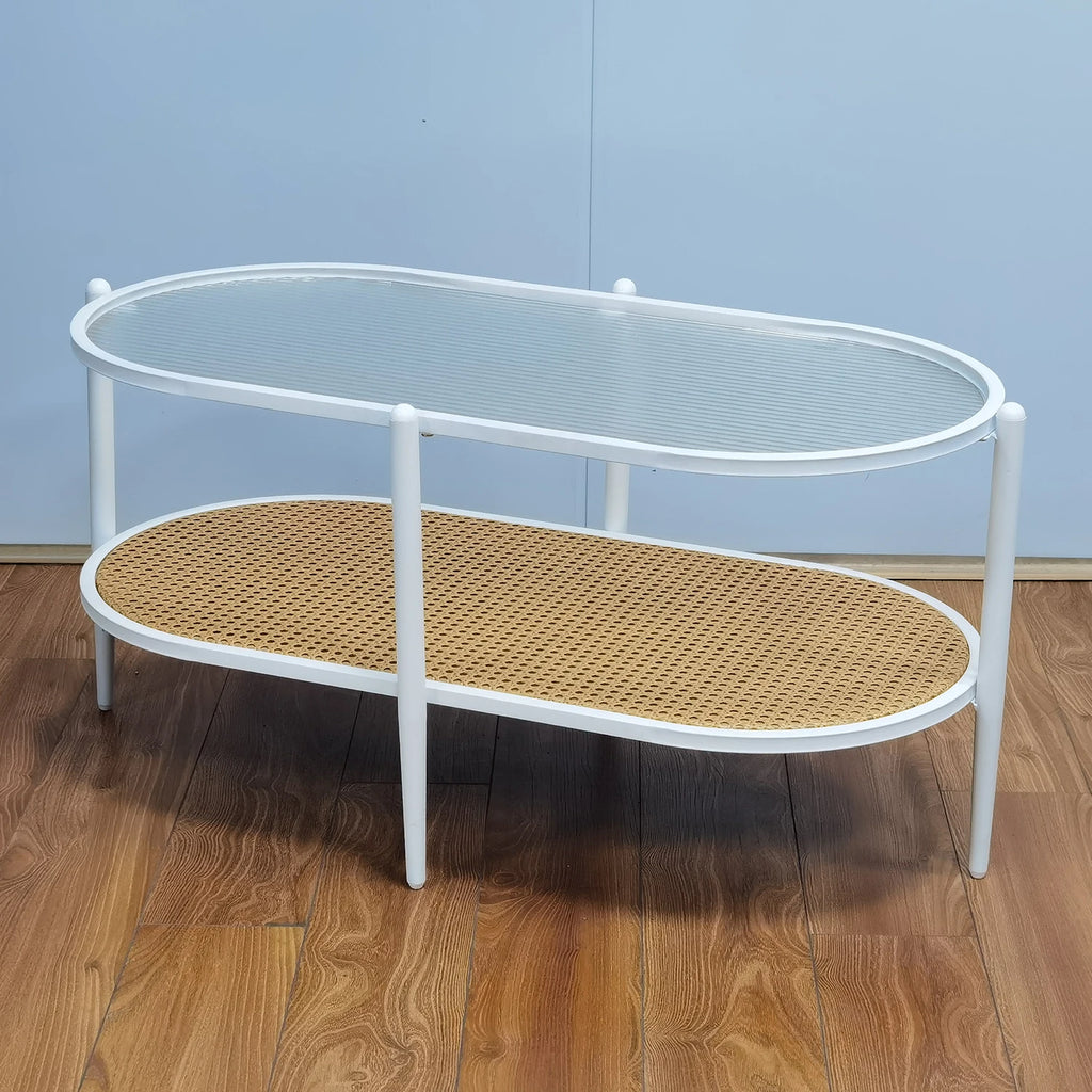 Table basse ovale 2 niveaux en verre ondulé et métal – finition White