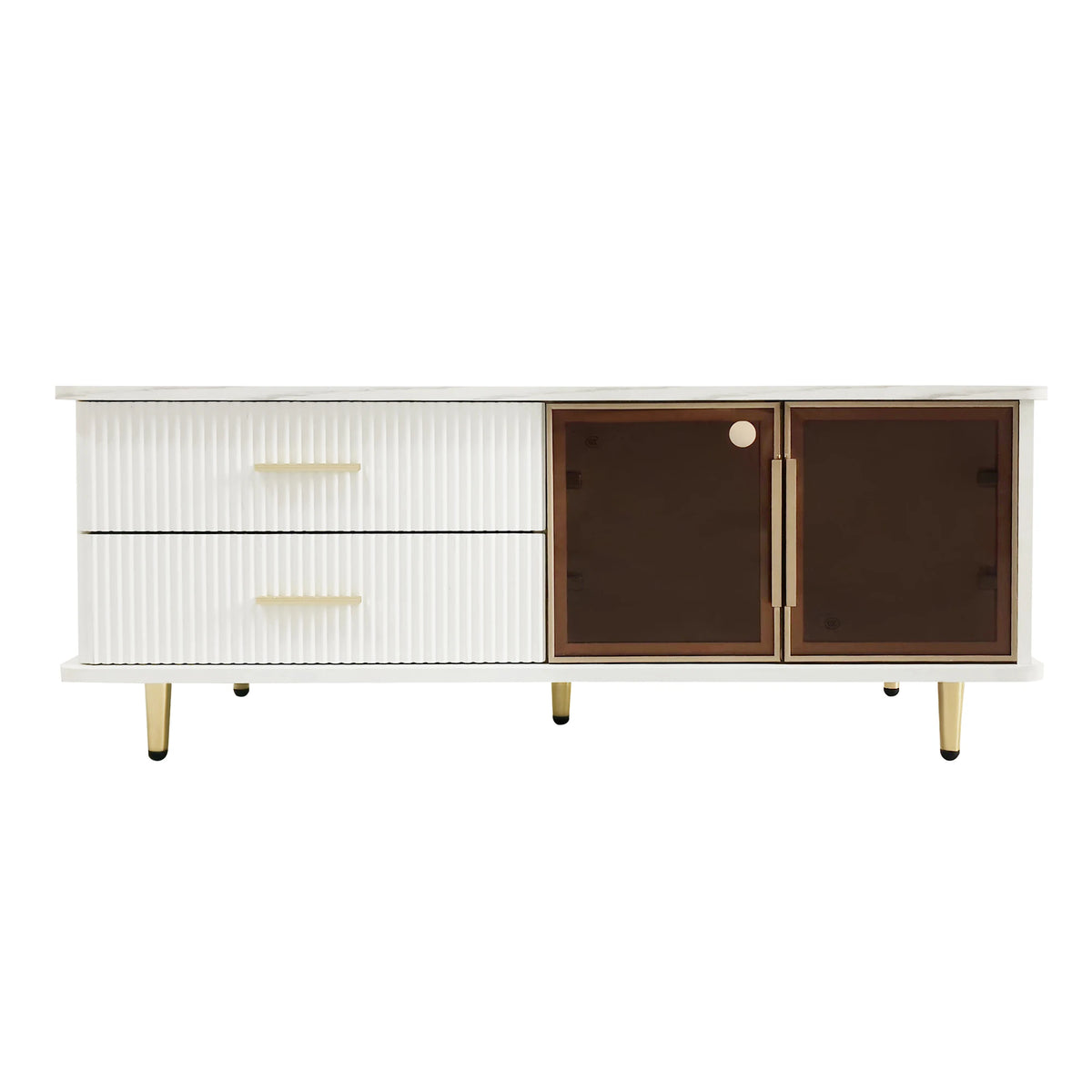 Table basse effet marbre à porte en verre cannelé et tiroirs dorés 100 cm – finition (WF314757WAA)White + Particle Board