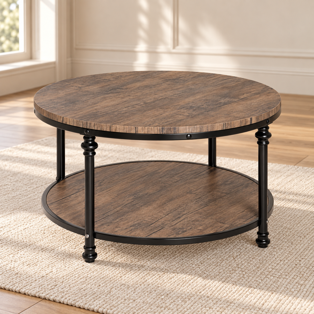 Table basse ronde Tournée 78 cm — effet bois rustique et pieds métal tournés noirs — produit seul dans un intérieur de maison
