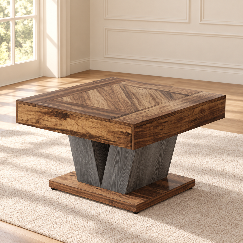 Table basse carrée Massif Look 80 cm — plateau effet bois brun rustique et piètement en V gris béton — produit seul dans un intérieur de maison