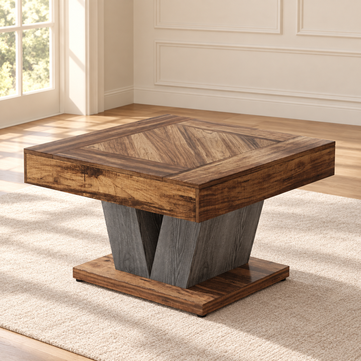 Table basse carrée Massif Look 80 cm — plateau effet bois brun rustique et piètement en V gris béton — produit seul dans un intérieur de maison