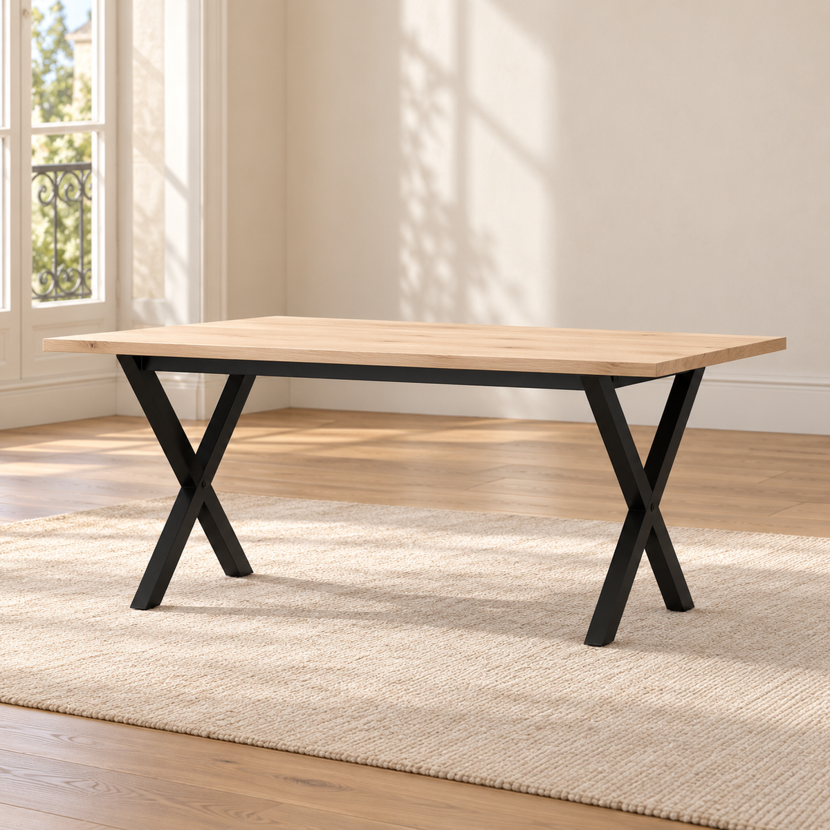 Table basse Croisel 90 cm — pin massif et piètement métal noir en X — produit seul dans un intérieur de maison
