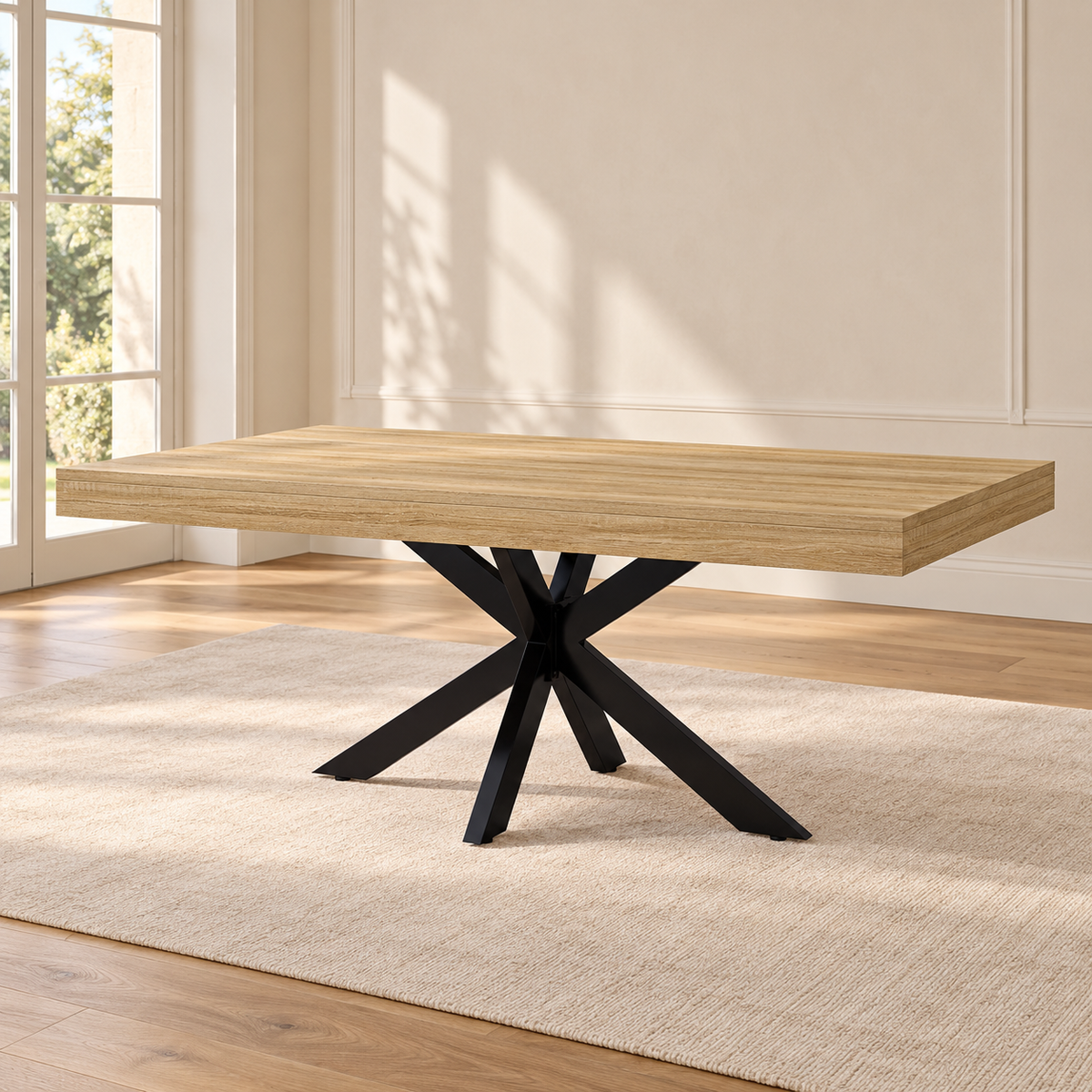 Table basse Forgeat 110 cm — plateau effet bois et piètement métal noir en étoile — produit seul dans un intérieur de maison