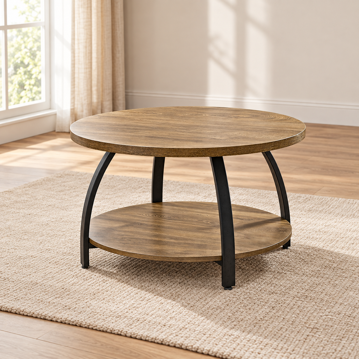 Table basse ronde Öland 80 cm — plateau effet bois et piètement central — produit seul dans un intérieur de maison