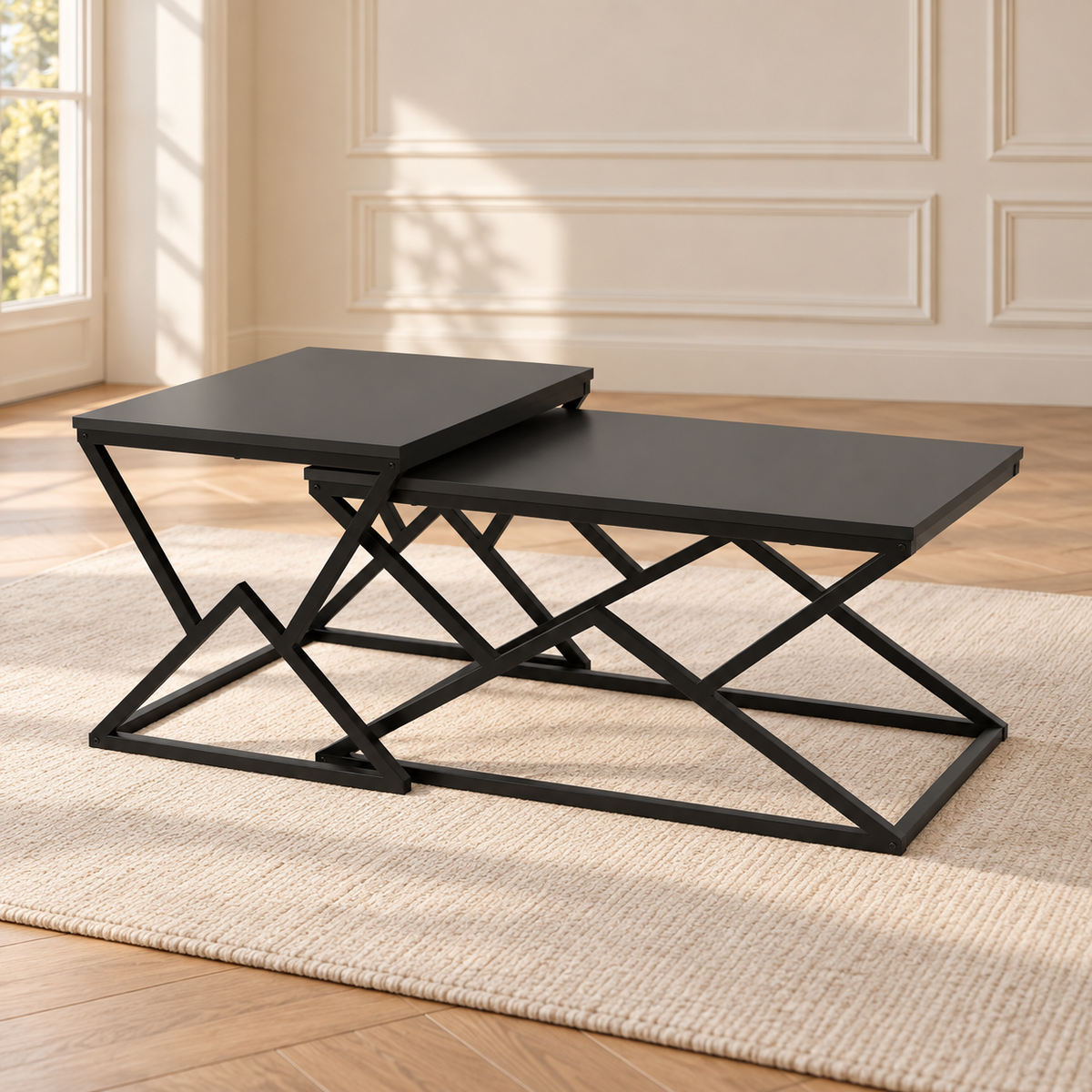 Table basse Origami 100 cm — plateau noir et structure métal filaire géométrique — produit seul dans un intérieur de maison