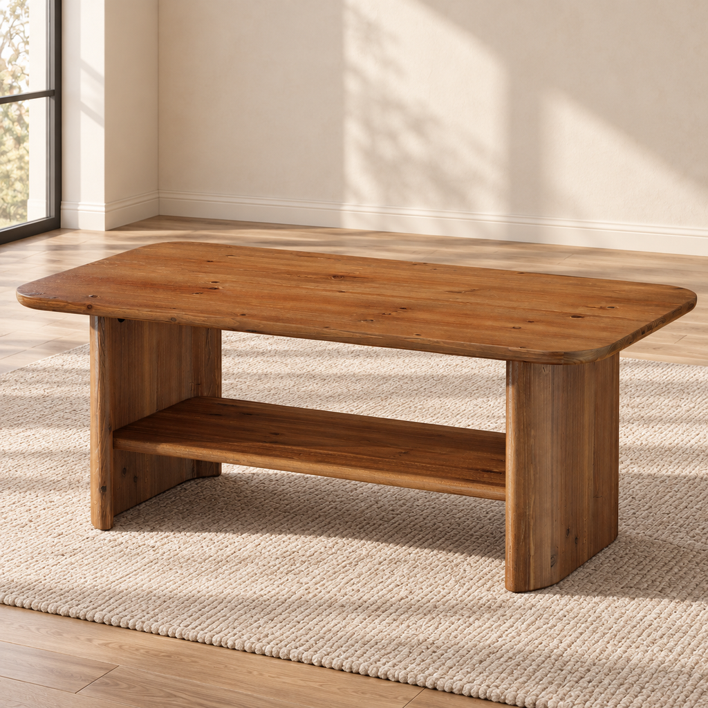 Table basse rustique 120 cm en bois de sapin massif — 2 niveaux — produit seul dans un intérieur de maison