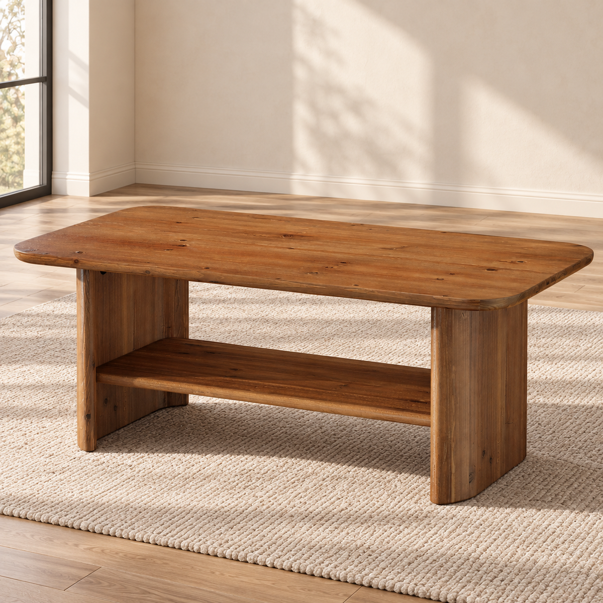 Table basse rustique 120 cm en bois de sapin massif — 2 niveaux — produit seul dans un intérieur de maison