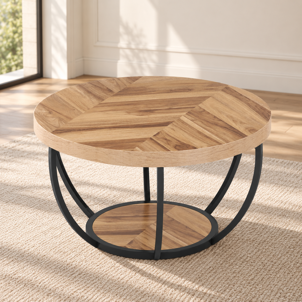 Table basse ronde Duo 81 cm — deux plateaux effet bois et structure métal noir — 6 finitions disponibles — produit seul dans un intérieur de maison