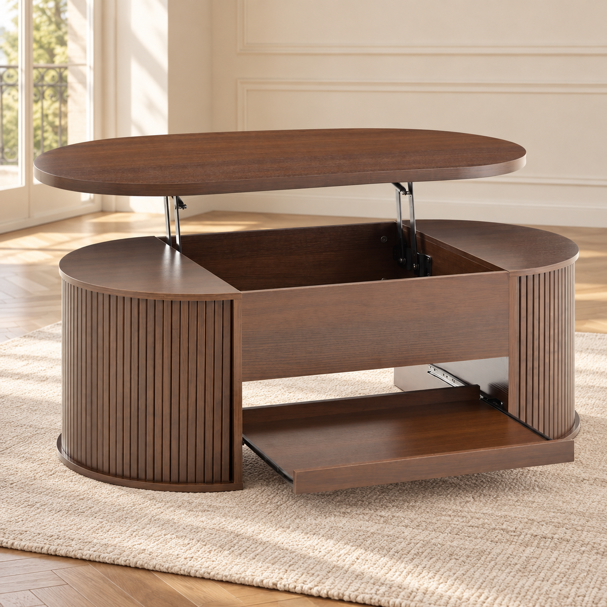 Table basse relevable noyer 110 cm à côtés arrondis et plateau extensible — produit seul dans un intérieur de maison