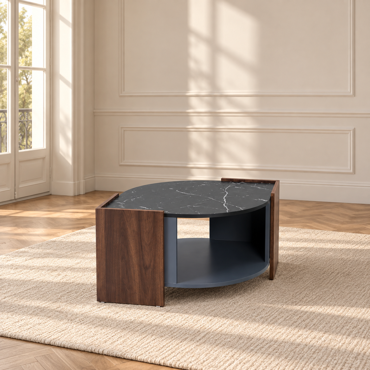 Table basse ovale organique effet marbre et noyer 96,5 cm — produit seul dans un intérieur de maison
