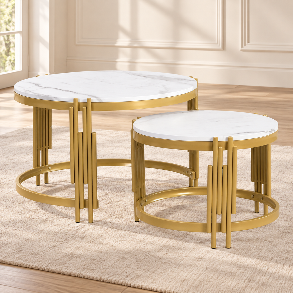Tables basses gigognes rondes effet marbre et laiton – set de 2 — produit seul dans un intérieur de maison