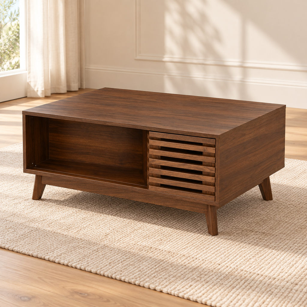 Table basse relevable rétro noyer à porte coulissante lattée 90 cm — produit seul dans un intérieur de maison