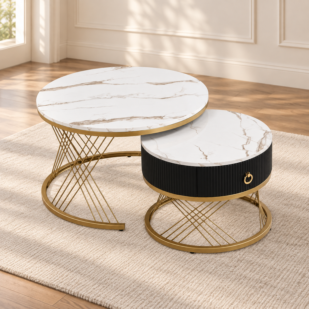Tables basses gigognes marbre et verre fumé doré avec tiroirs Ø70 + Ø50 — produit seul dans un intérieur de maison