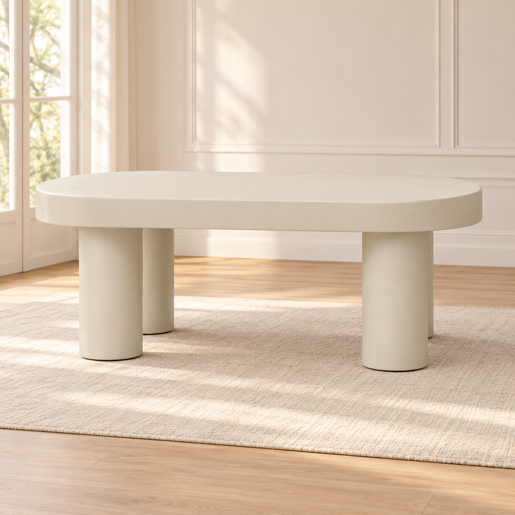 Table basse ovale japandi 85 cm crème — pieds cylindriques — produit seul dans un intérieur de maison