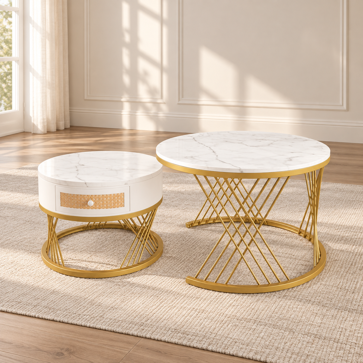 Tables basses rondes 2-en-1 effet marbre, tiroirs cannage et pieds dorés — produit seul dans un intérieur de maison