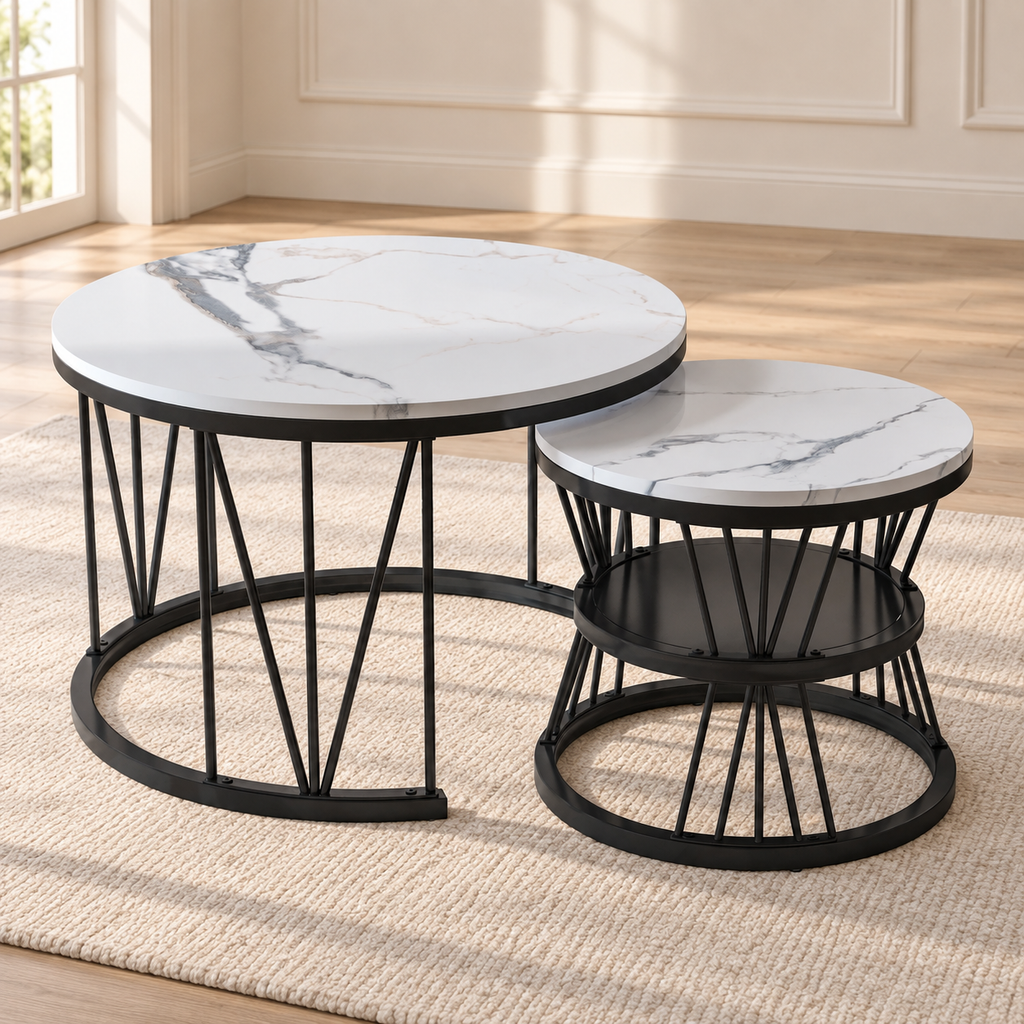 Tables basses gigognes rondes effet marbre — lot de 2 — produit seul dans un intérieur de maison